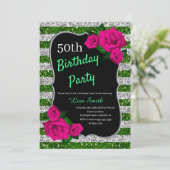 Birthday Green Silver Stripes Glitter Pink Roses Kaart (Staand voorkant)