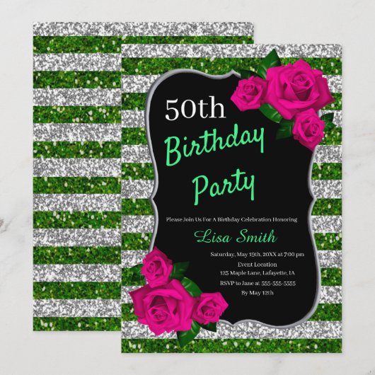 Birthday Green Silver Stripes Glitter Pink Roses Kaart (Voorkant / Achterkant)