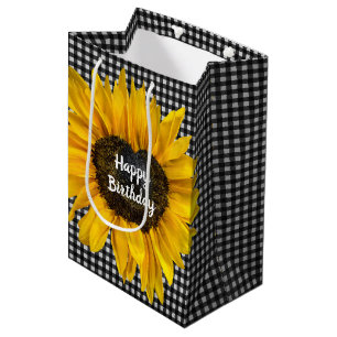 Birthday Heart Sunflower op Gingham Medium Cadeauzakje