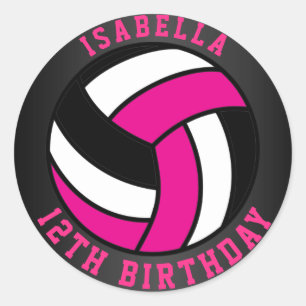 Birthday Hot Pink, Black en White Volleyball Ronde Sticker