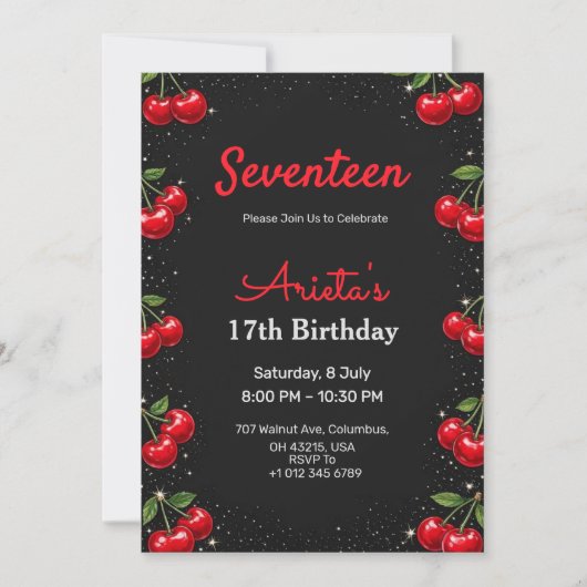 Birthday invitation black back in cherries theme (Devant)