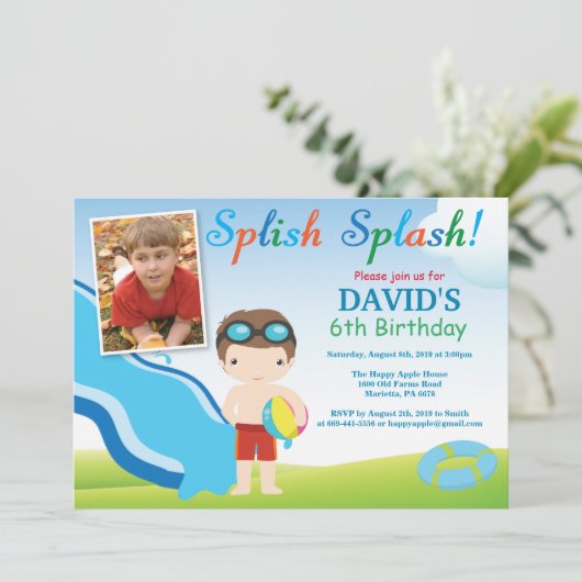 Birthday Invitation Boy Water Slide Pool Kaart (Staand voorkant)