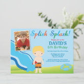 Birthday Invitation Boy Water Slide Pool Kaart (Staand voorkant)