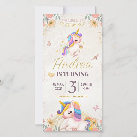 Birthday invitation card. Unicorn for Girls (Devant)