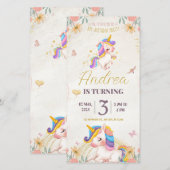 Birthday invitation card. Unicorn for Girls (Devant / Derrière)
