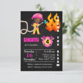 Birthday Invitation Cute Pink Firefighter Kaart (Staand voorkant)