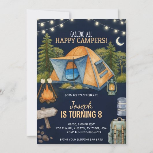 Birthday invitation featuring a camping theme (Devant)