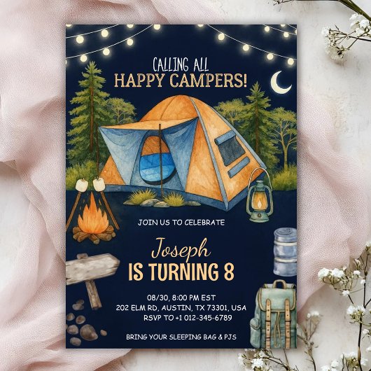 Birthday invitation featuring a camping theme