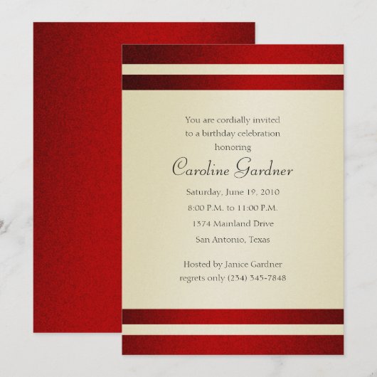 Birthday Invitation Red en Ivory Kaart (Voorkant / Achterkant)