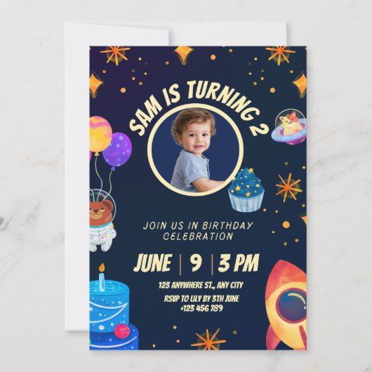 Birthday Invitation Space Rocket for kids (Devant)