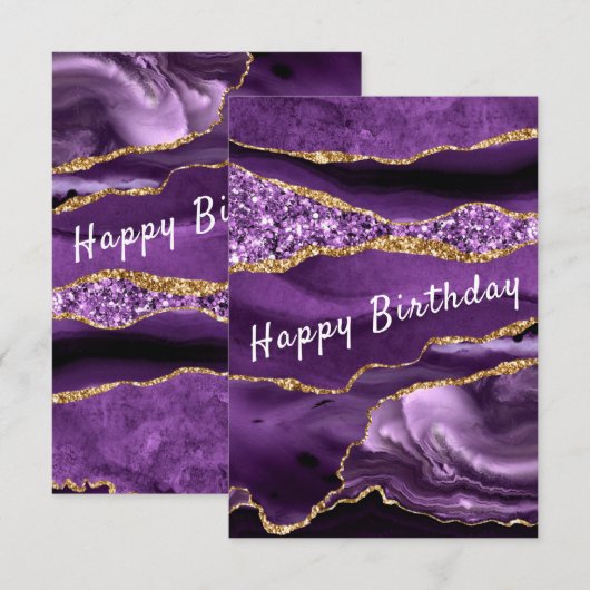Birthday Kaart Agate Paars Gold Glitter Marble (Voorkant / Achterkant)