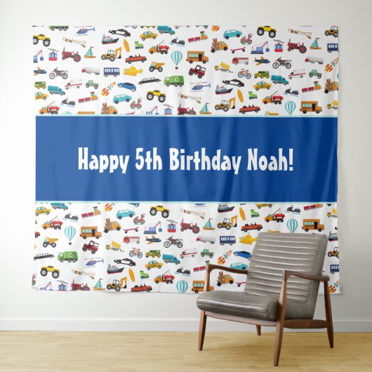 Birthday Kind Little Boy Cars Vehicle Pattern Wandkleed (In Situ (horizontaal))