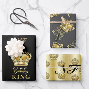 Birthday King Gold Crown Royal Monogram Luxe Inpakpapier Vel