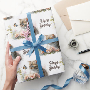 Birthday Kitten met vlinder Cadeaupapier