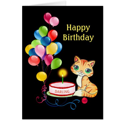 Birthday kitty cat & multicolored balloons on Card (Devant)