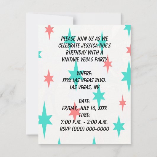 BIRTHDAY LAS VEGAS STYLE ARTIJ INVITATIE KAART (Achterkant)