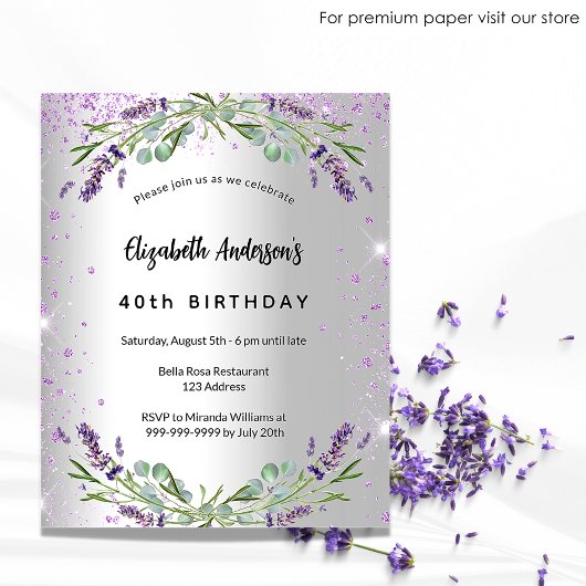Birthday lavender Silver-begrotingsuitnodiging Flyer