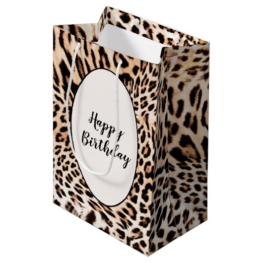 Birthday Leopard Fur Print Medium Cadeauzakje (Voorkant Gekanteld)