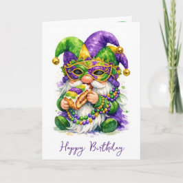 Birthday Mardi Gras Gnome Eating King Cake Kaart