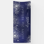 Birthday marinblauw zilverglitter monogram spandoek (Verticaal)