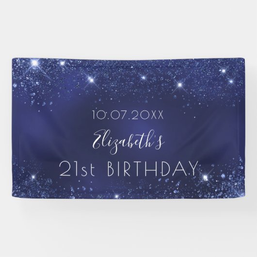 Birthday marineblauw glittermonogram spandoek (Horizontaal)