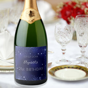 Birthday marineblauw glittermonogram sparkling wijnetiket