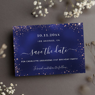 Birthday marineblauw roos goudglitter save the date