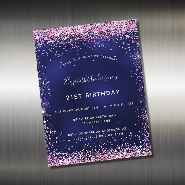 Birthday marineblauw roze uitnodiging magneet (Creator heeft geüpload)