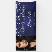 Birthday marineblauw zilversterren spandoek (Verticaal)