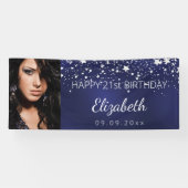 Birthday marineblauw zilversterren spandoek (Horizontaal)