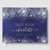 Birthday marinesblauwe zilverglitter monogram gastenboek (Voorkant)