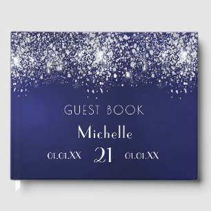 Birthday marinesblauwe zilverglitter monogram gastenboek