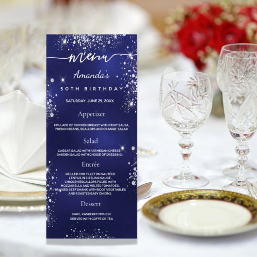 Birthday Menu blue Silver Glitter foto leuke feite
