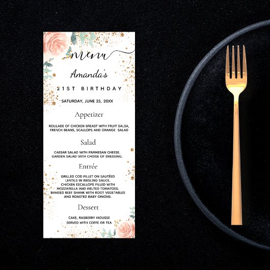 Birthday Menu roos Gold floral eucalyptus glitter