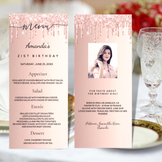 Birthday Menu roos goud glitter foto leuke feiten