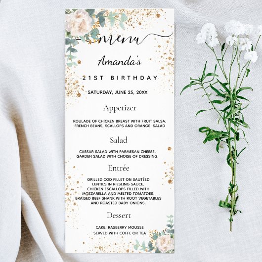 Birthday Menu white floral eucalyptus glitter