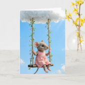 Birthday Mouse In a Pink Dress On a Swing Kaart (Gele Bloem)