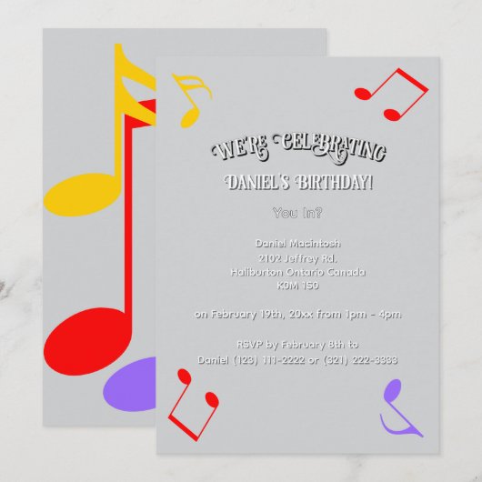 Birthday Music Notes Invitation Kaart (Voorkant / Achterkant)