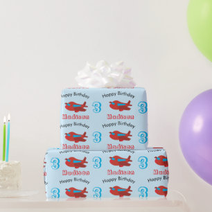 Birthday-naam en ouderdom van het roodblauwe vlieg cadeaupapier