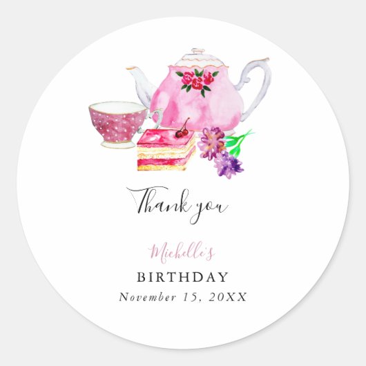 Birthday namiddag Tea Party Script Elegant roze Ronde Sticker (Voorkant)