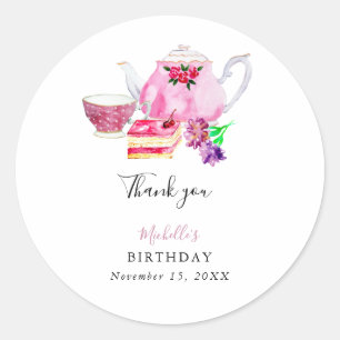 Birthday namiddag Tea Party Script Elegant roze Ronde Sticker