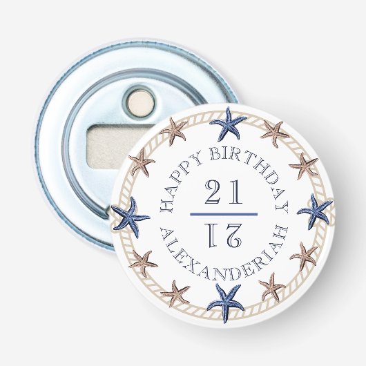Birthday Nautical Navy Blue White Tan Starfish Ro Button Flesopener (Voorkant)