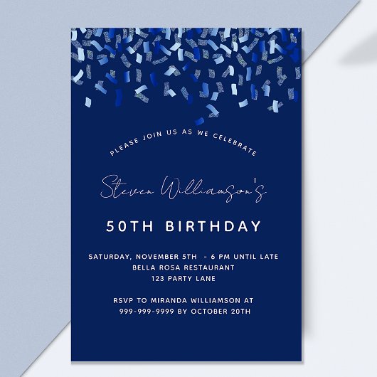 Birthday navy blue confetti mannen luxe kaart