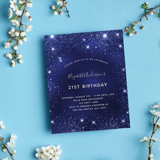 Birthday navy blue glitter budget uitnodiging flyer