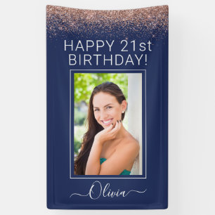 Birthday Navy Blue Roos Gold Pink Glitter Spandoek