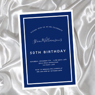 Birthday navy blue white minimalist mannen invita kaart