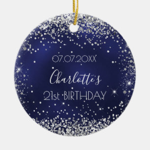Birthday navy blue zilveren glitter speurt vriende keramisch ornament