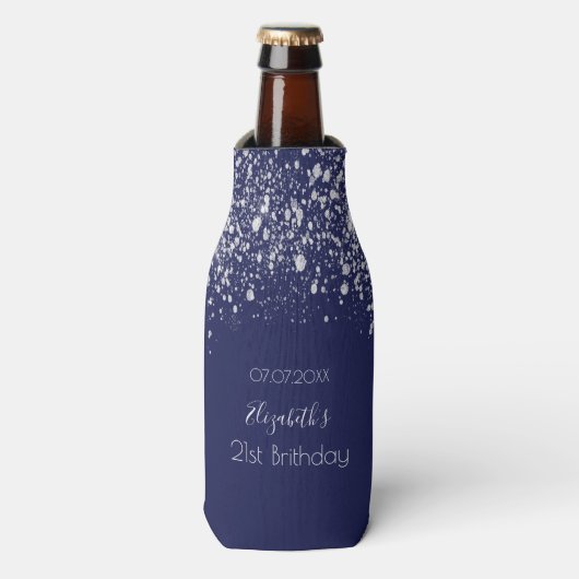 Birthday navy blue zilverglitter flesjeskoeler (Fles Voorkant)