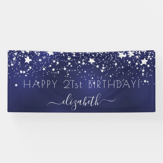 Birthday navy blue zilversterren name party spandoek (Horizontaal)