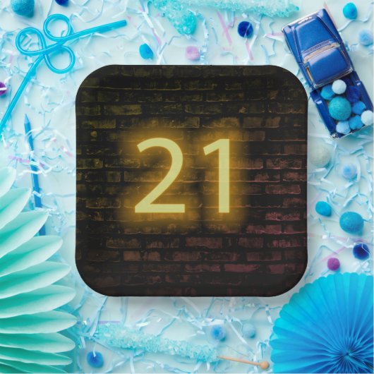 Birthday Neon 21 Sign on Brick Wall Papieren Bordje (Feest)